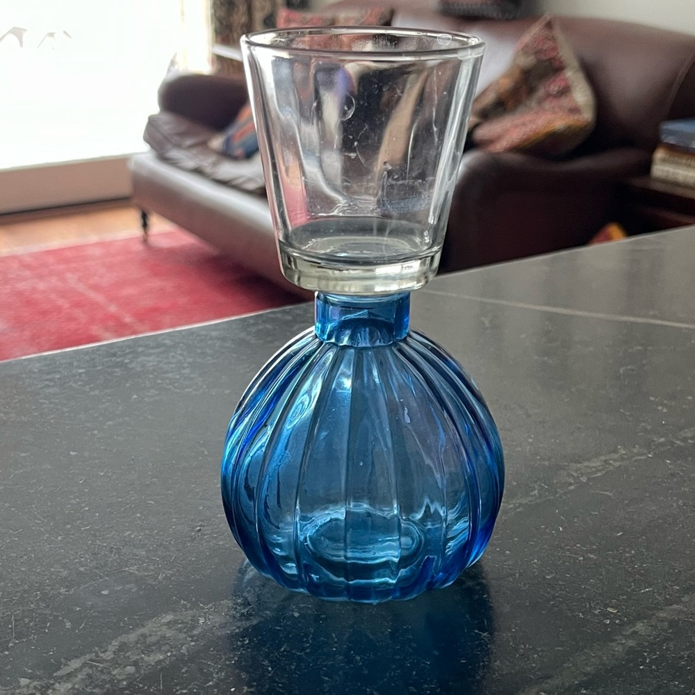 Mid-Century Blue/Clear Glass Bud/Bulb Vase Candleholder